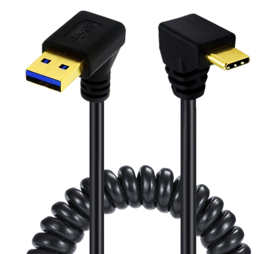 USB C male to USB 3.0 male coiled cable with up angle connector