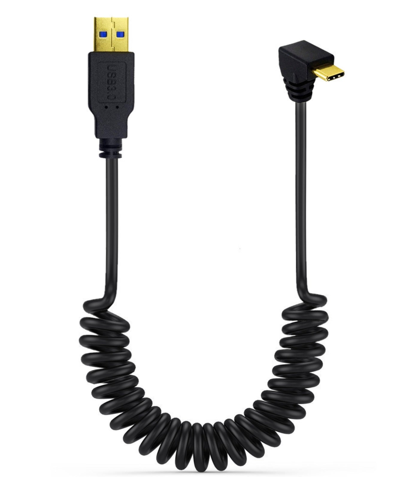 USB C up down angle coiled cable shown extended for flexible charging and data connectivity