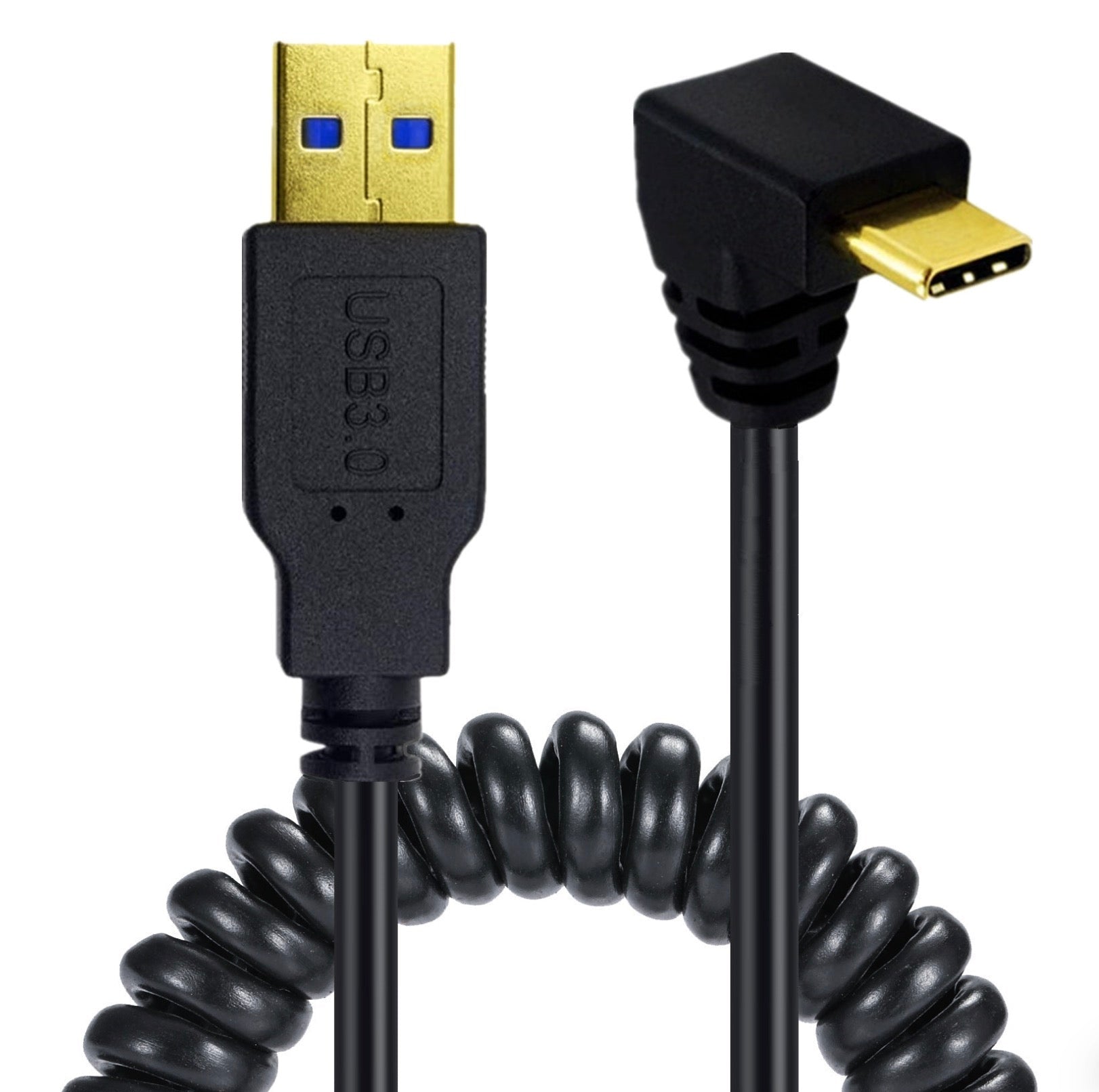 USB C male to USB 3.0 male coiled cable with up down angle USB C connector