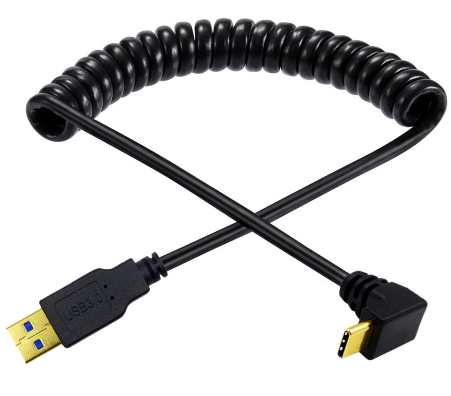 USB C to USB 3.0 coiled cable with angled connector for portable device connectivity