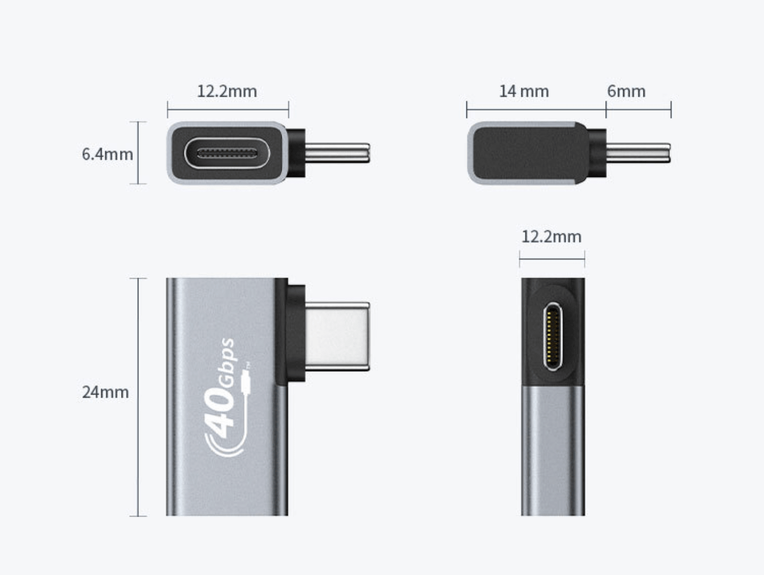 Measurement chart of a USB-C adapter with dimensions labeled on a white background