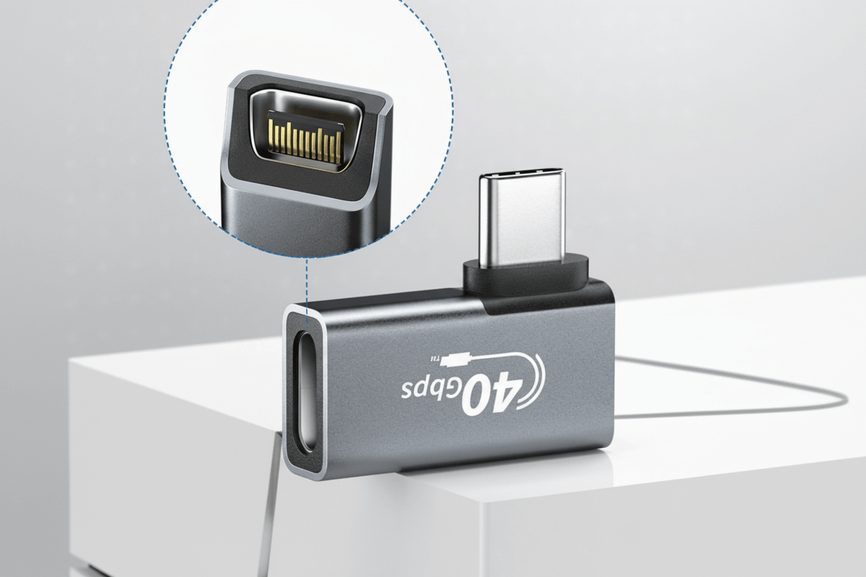 USB Type-C adapter with close-up of connector on a gray background