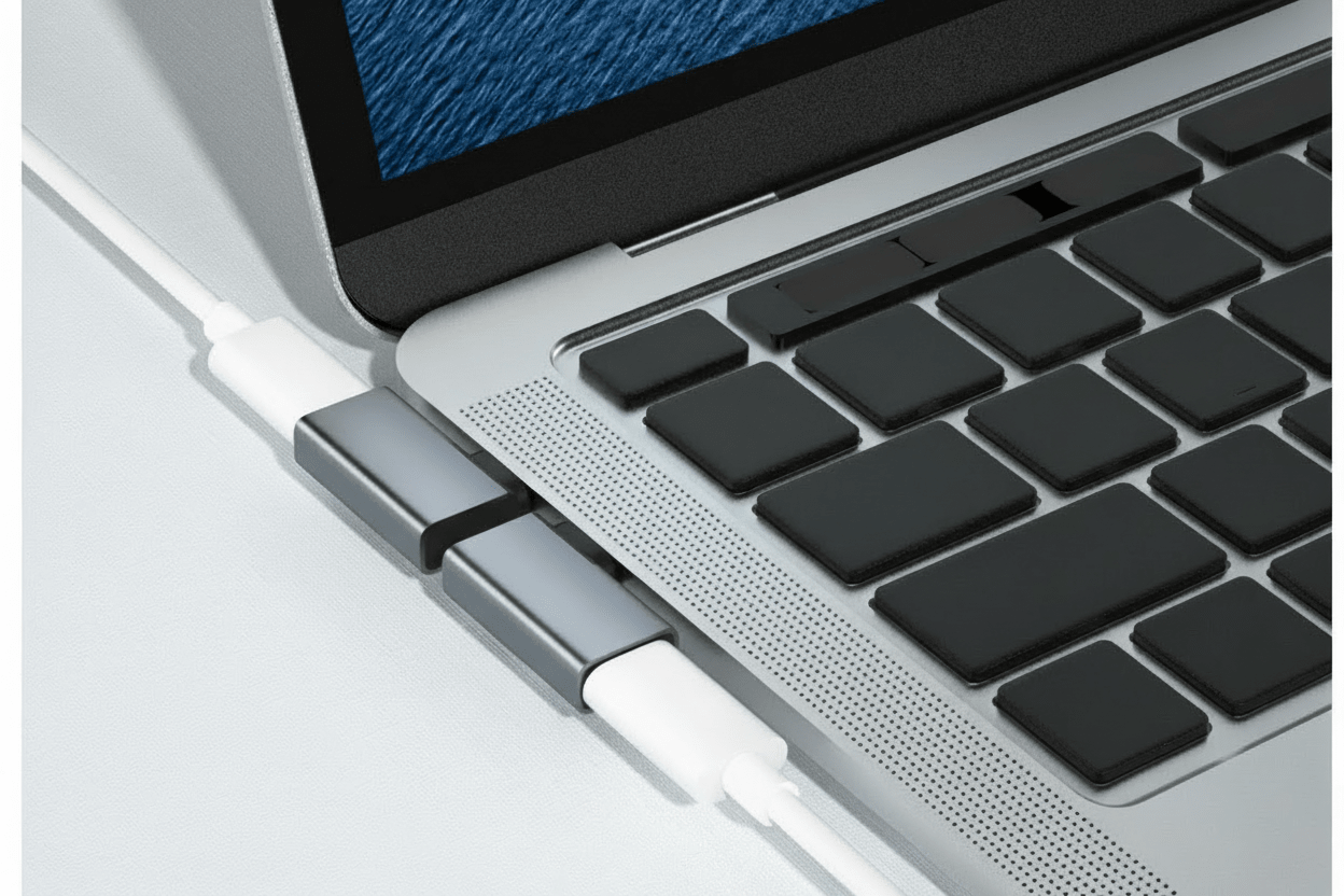 Close-up of a MacBook with a USB-C adapter attached, showing dual port usage.