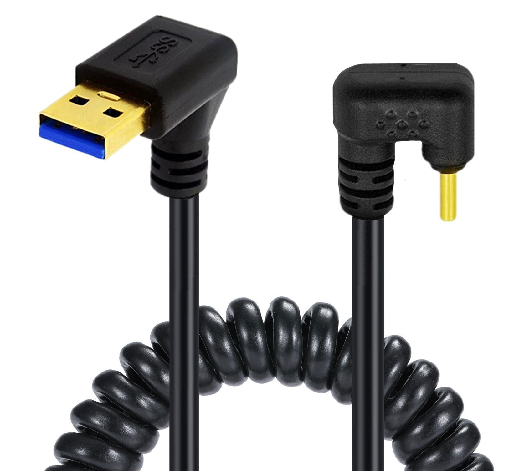 USB C male U shape down angle to USB 3.0 male coiled cable for charging and data transfer