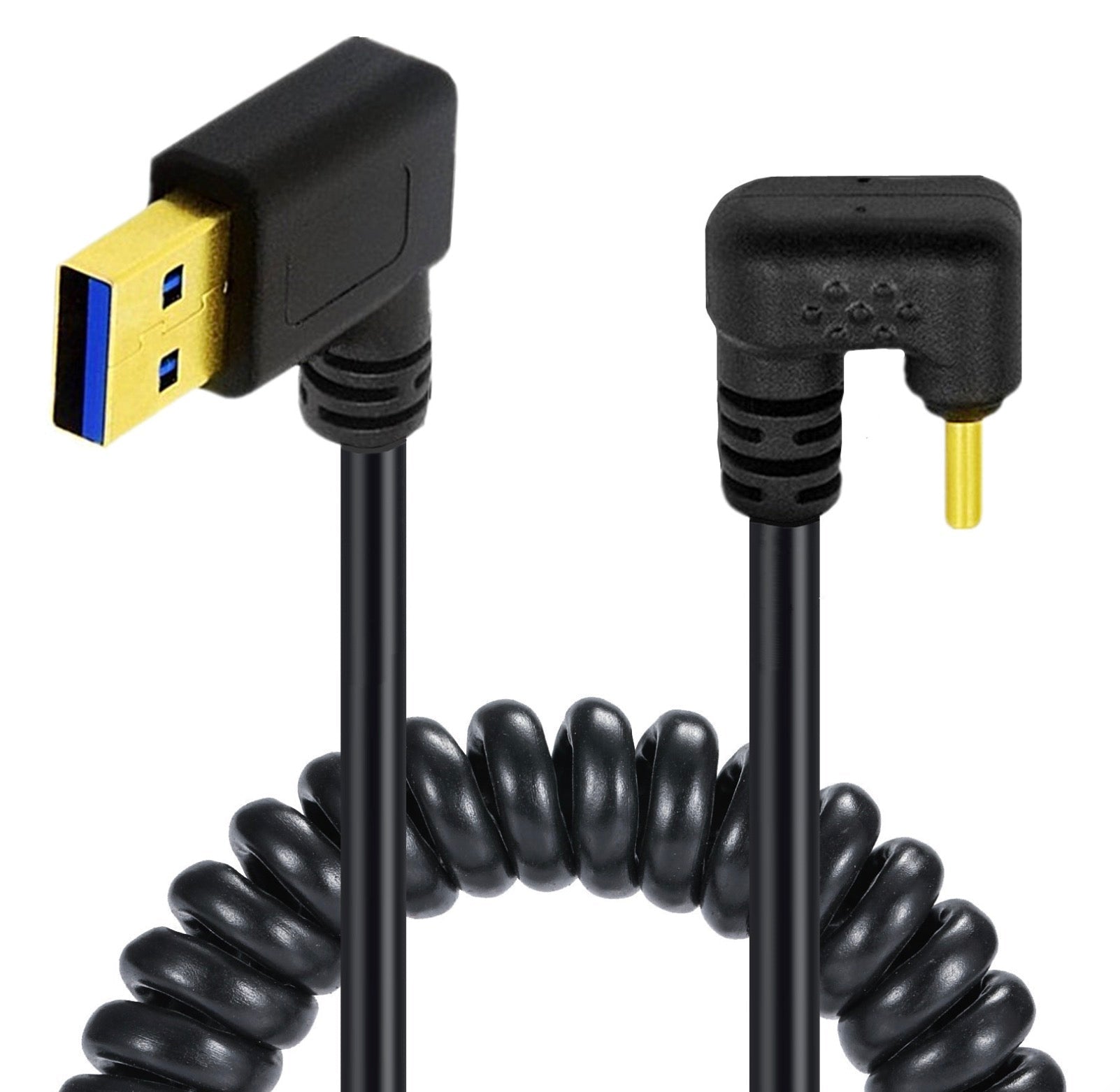 USB C male U shape right angle to USB 3.0 male coiled cable for charging and data transfer