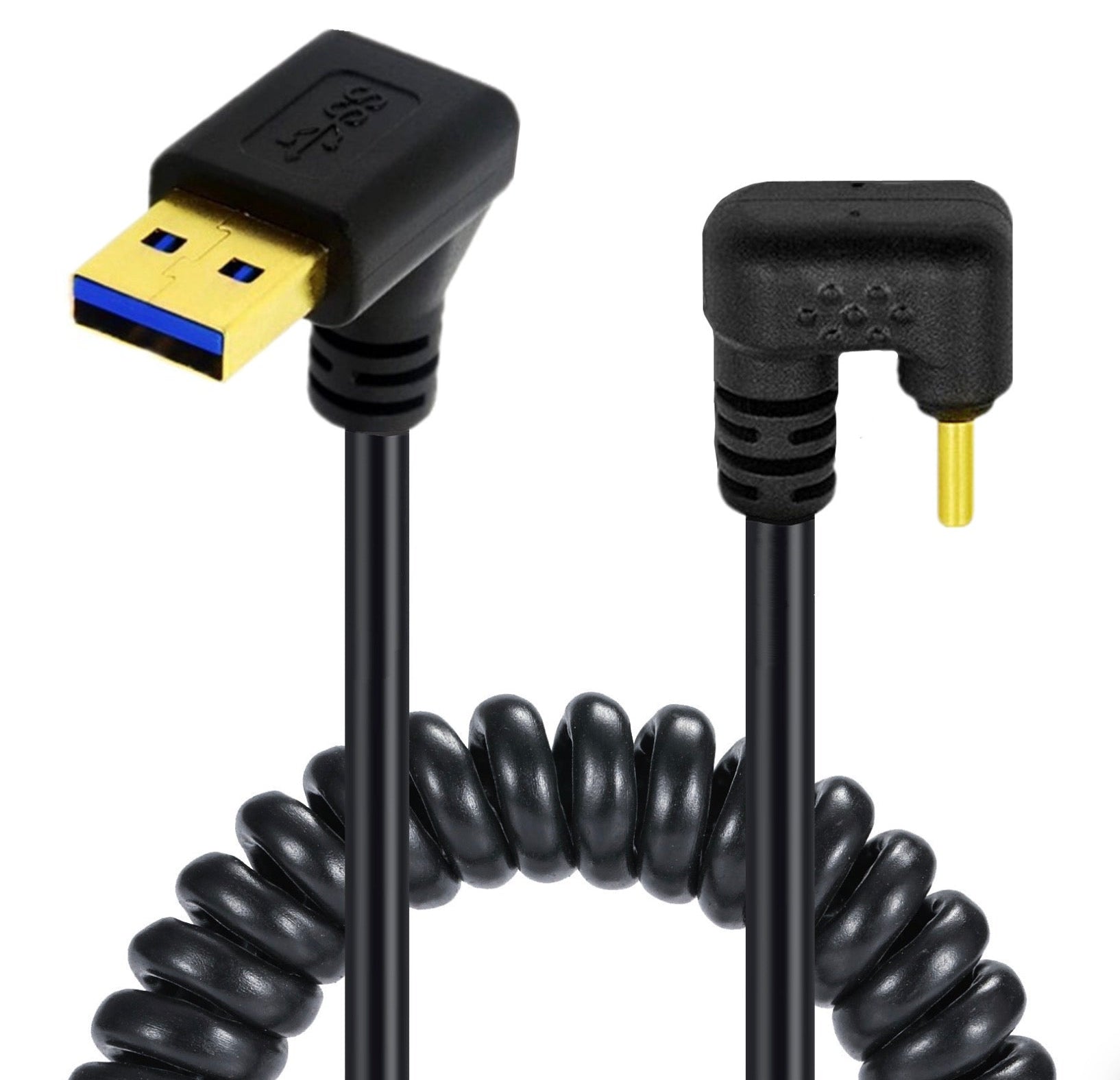 USB C male U shape up angle to USB 3.0 male coiled cable for charging and data transfer