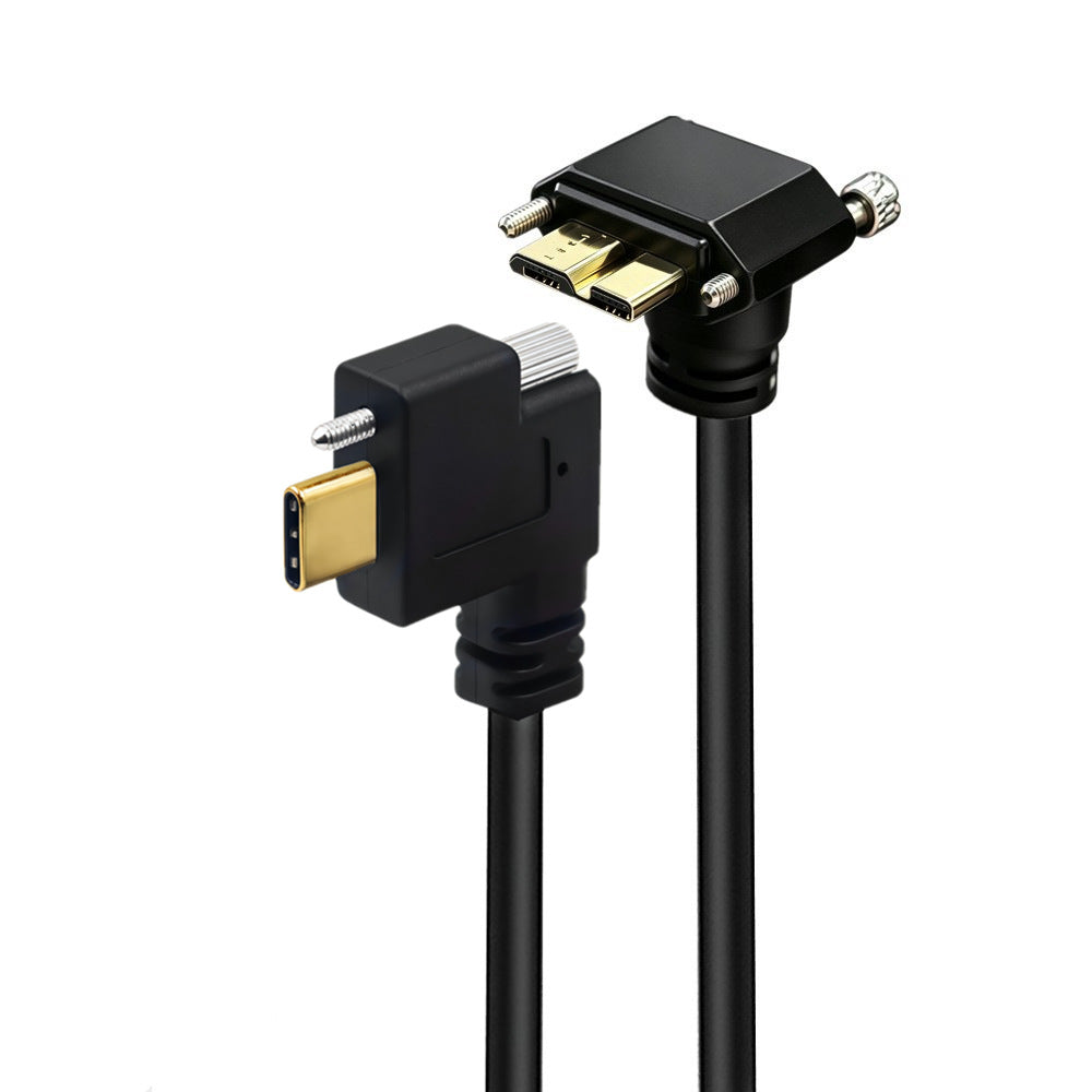 USB-C to Micro USB 3.0 Type-B locking screw cable with angled connectors