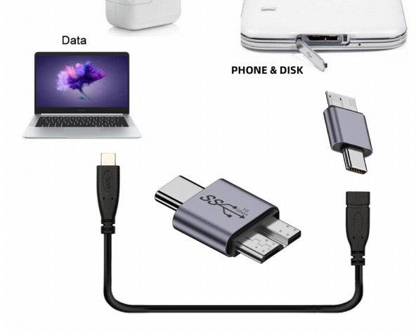 USB-C adapter connected to laptop with Micro USB interface
