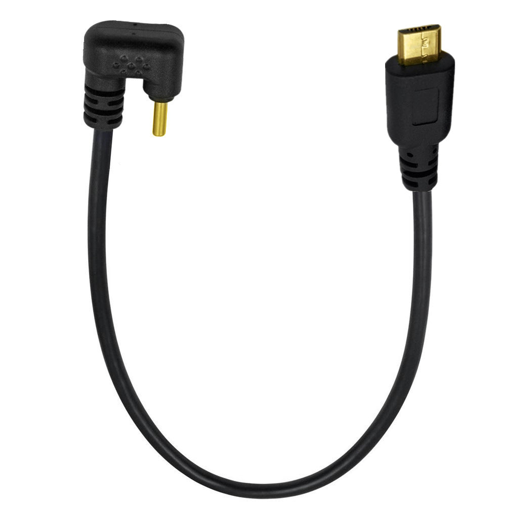 A black USB C to Micro USB charging cable with angled connectors.
