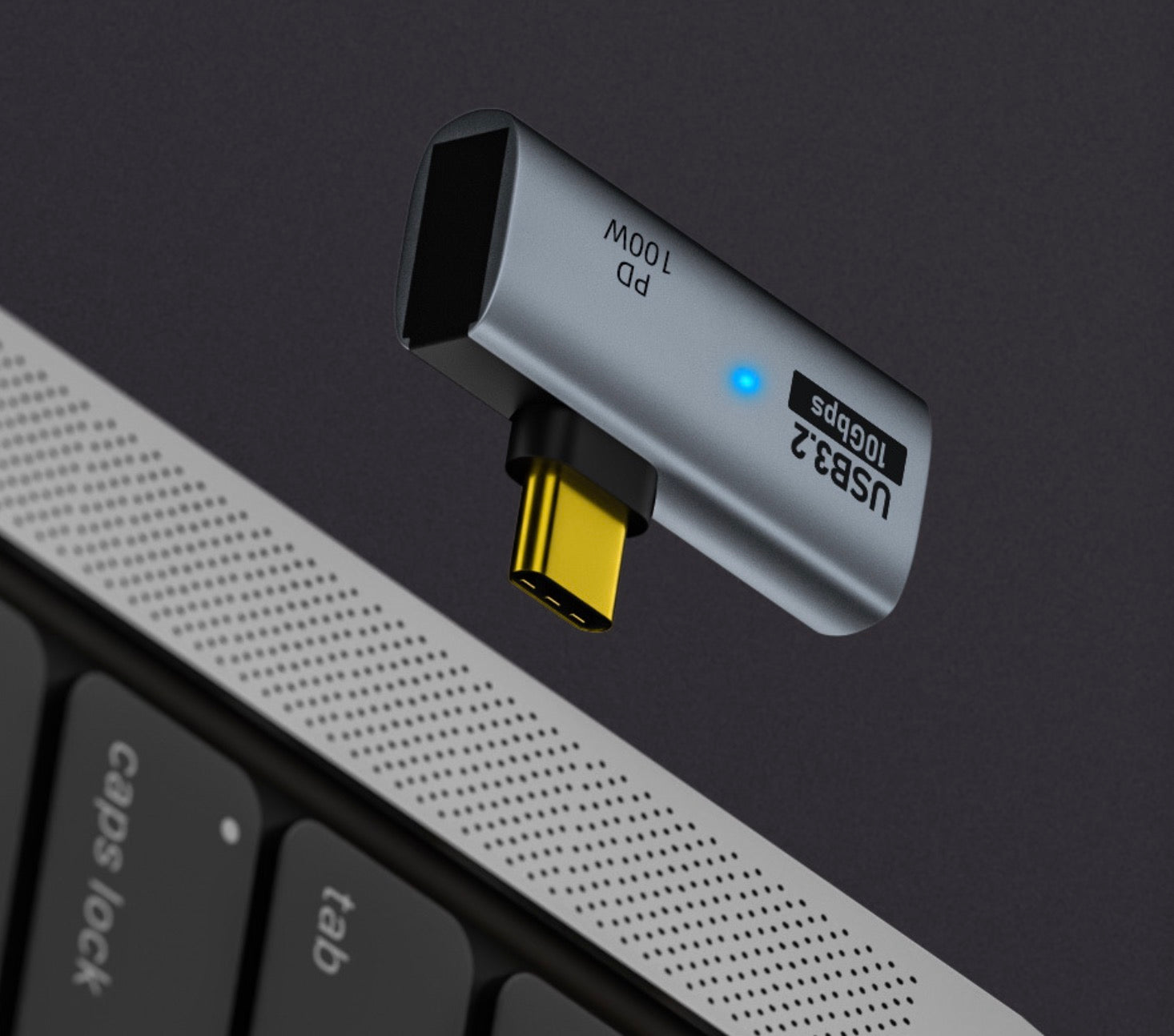 USB-C OTG adapter connected to a laptop providing USB 3.0 peripheral connectivity and charging support
