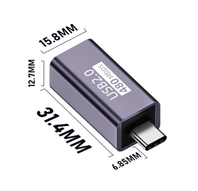 USB-C OTG male to USB Type B female adapter showing compact 31.4mm dimensions