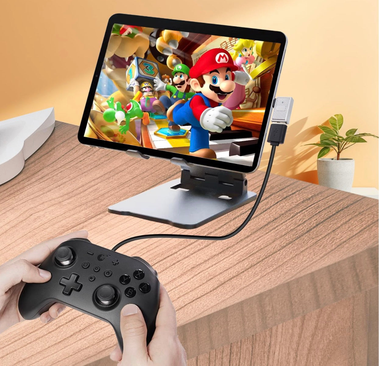 USB C OTG adapter connecting gaming controller and USB accessories to USB C devices