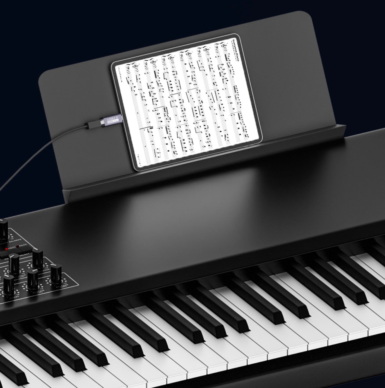 USB-C OTG adapter connected to MIDI keyboard and digital piano equipment