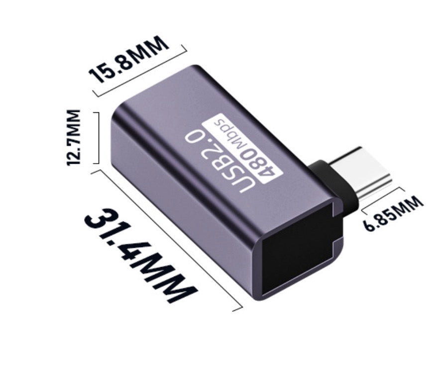 USB-C OTG male to USB Type B female adapter showing compact dimensions