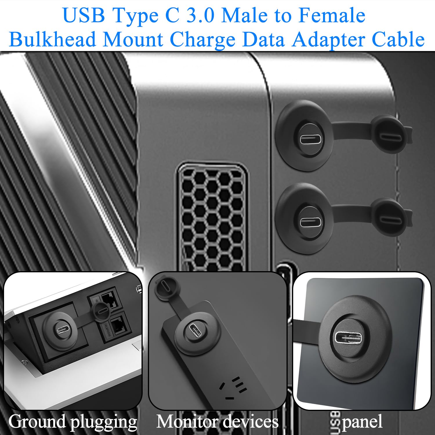USB Type C 3.0 Male to Female Bulkhead Mount Charge Data Adapter Cable with various applications shown.