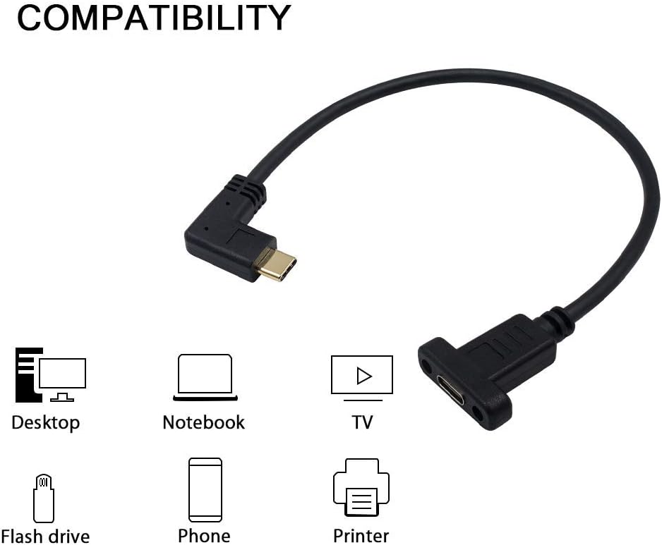 USB-C panel mount extension cable angled male to female lead