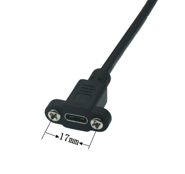 USB-C right angle male to female panel mount extension cable showing mounting dimensions