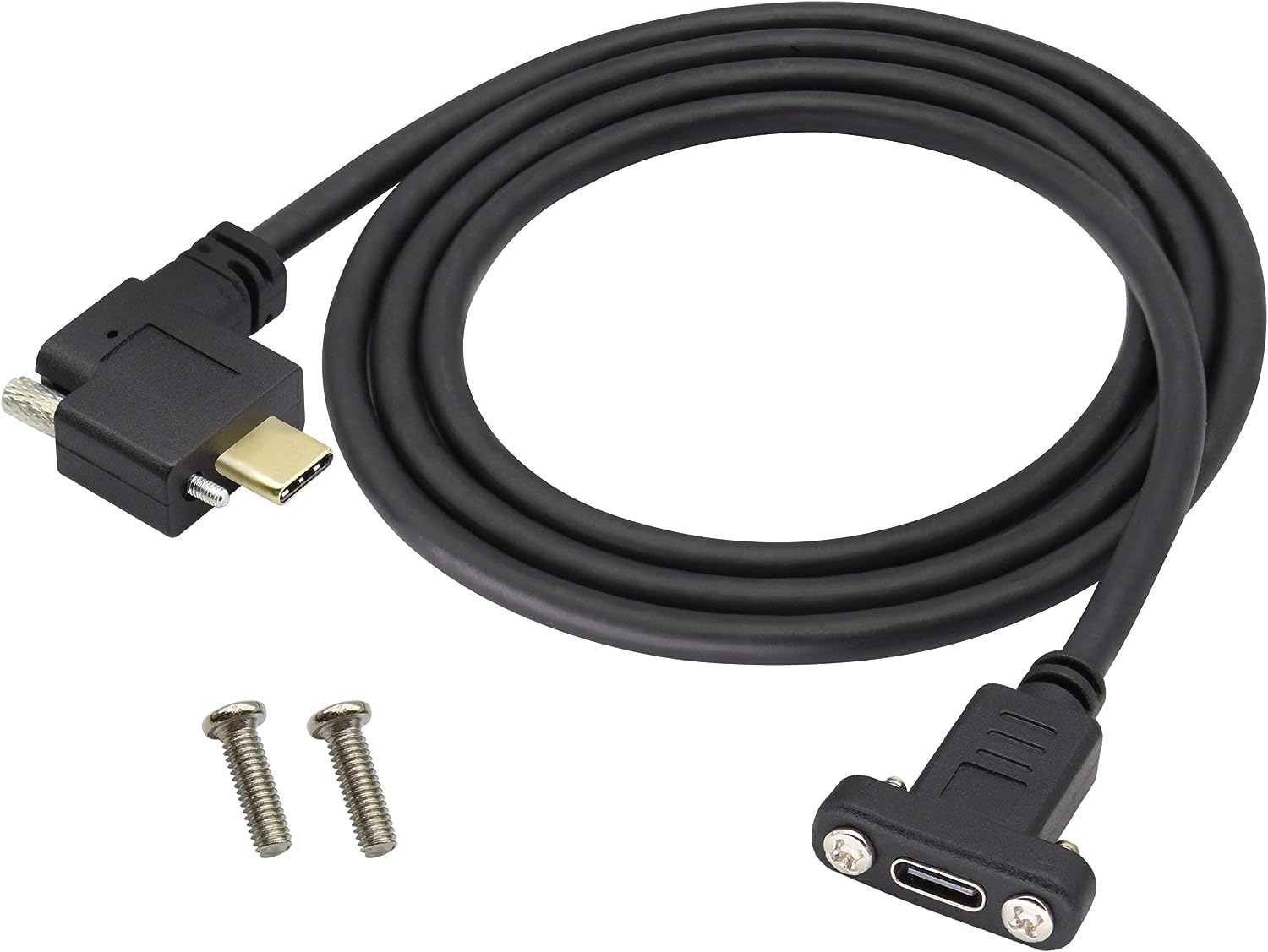 A black USB C male to female panel mount extension cable with screw mounts on both ends.