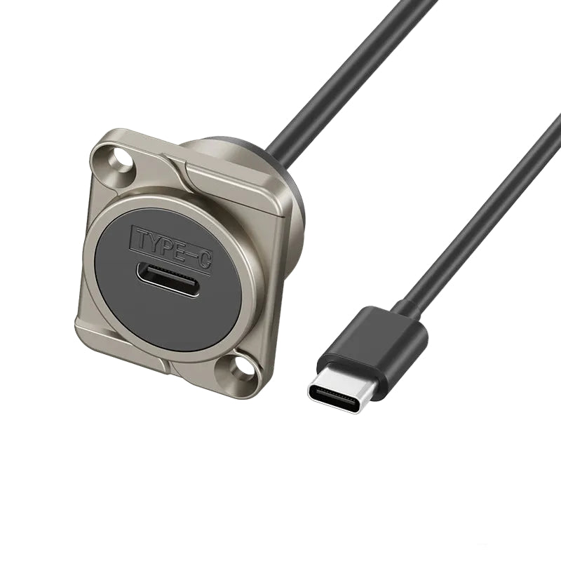 Silver USB-C female to male panel mount extension cable