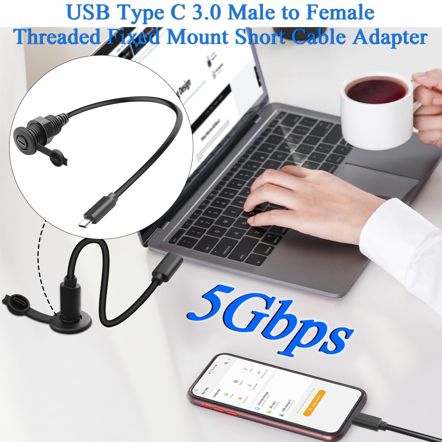 USB Type C 3.0 Male to Female Threaded Fixed Mount Short Cable Adapter with laptop and smartphone on a desk.