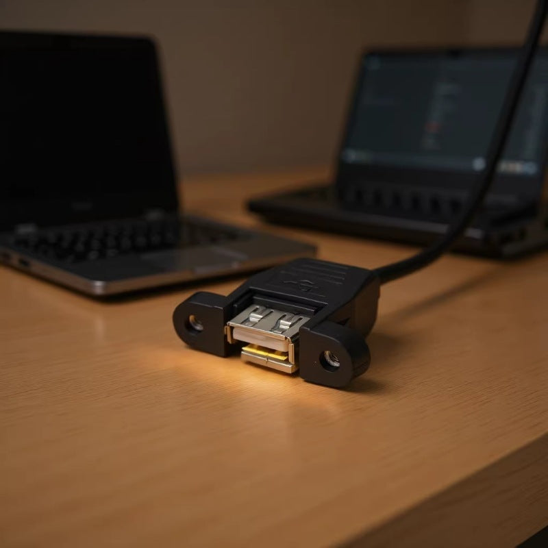 USB adapter on a wooden surface with laptops in the background