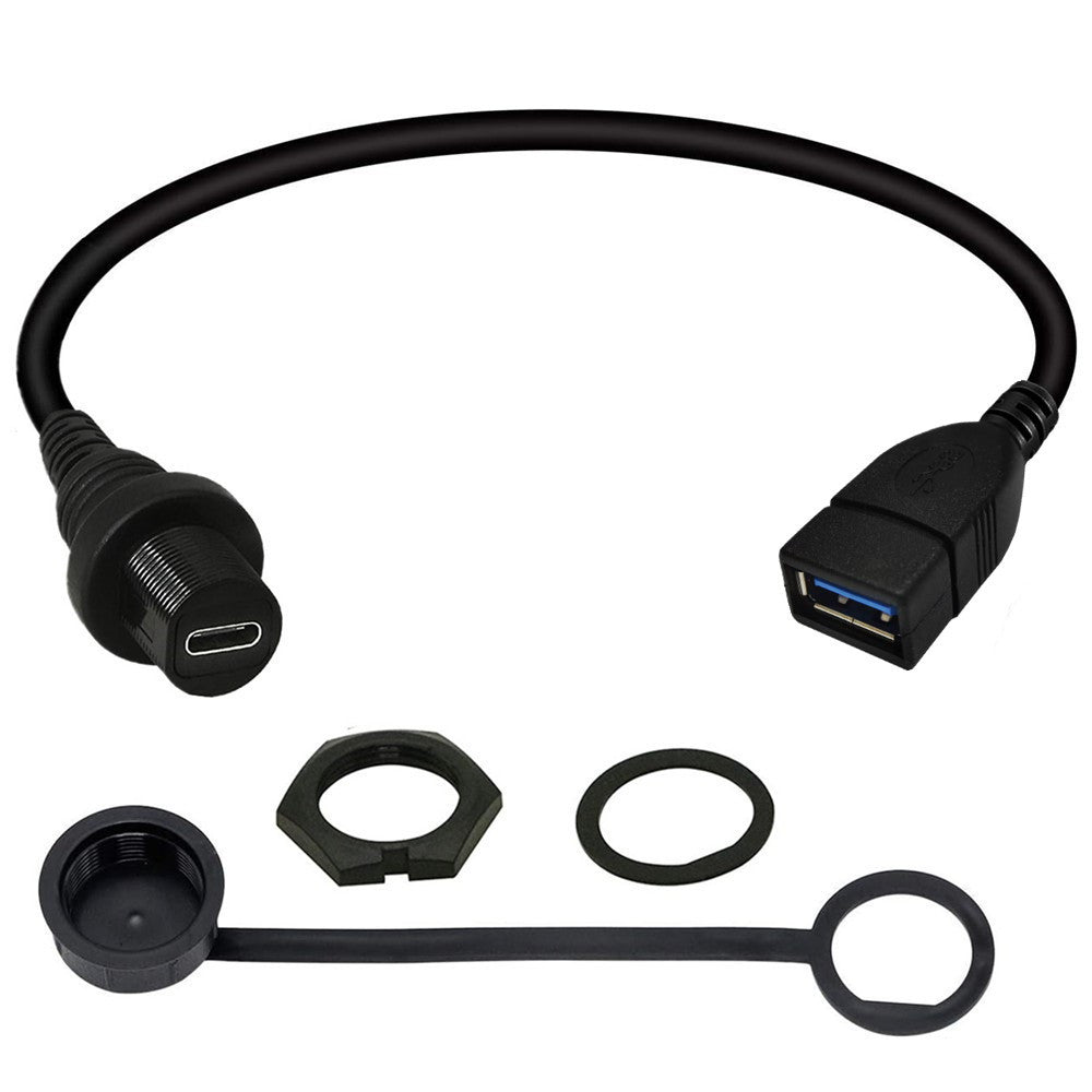 USB-C waterproof panel mount extension cable with sealing washers and mounting hardware