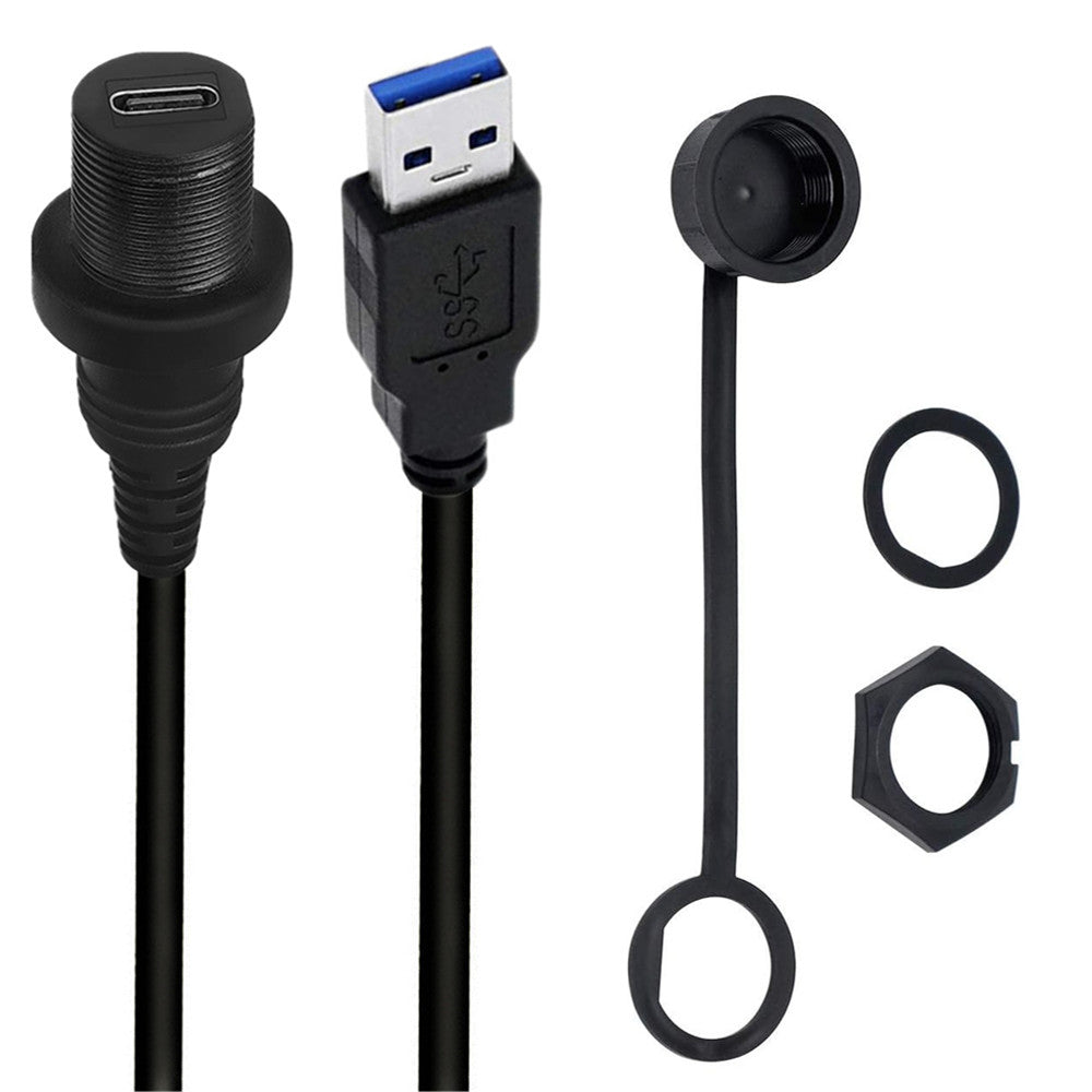 USB-C waterproof panel mount extension cable with sealing washers and mounting hardware
