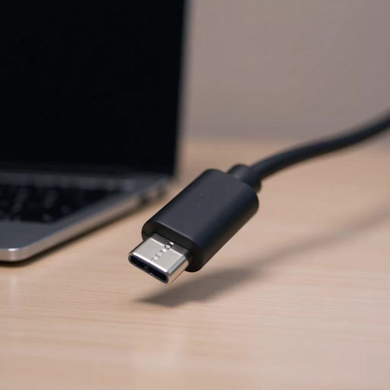 Black USB-C cable on a wooden surface with a blurred laptop in the background