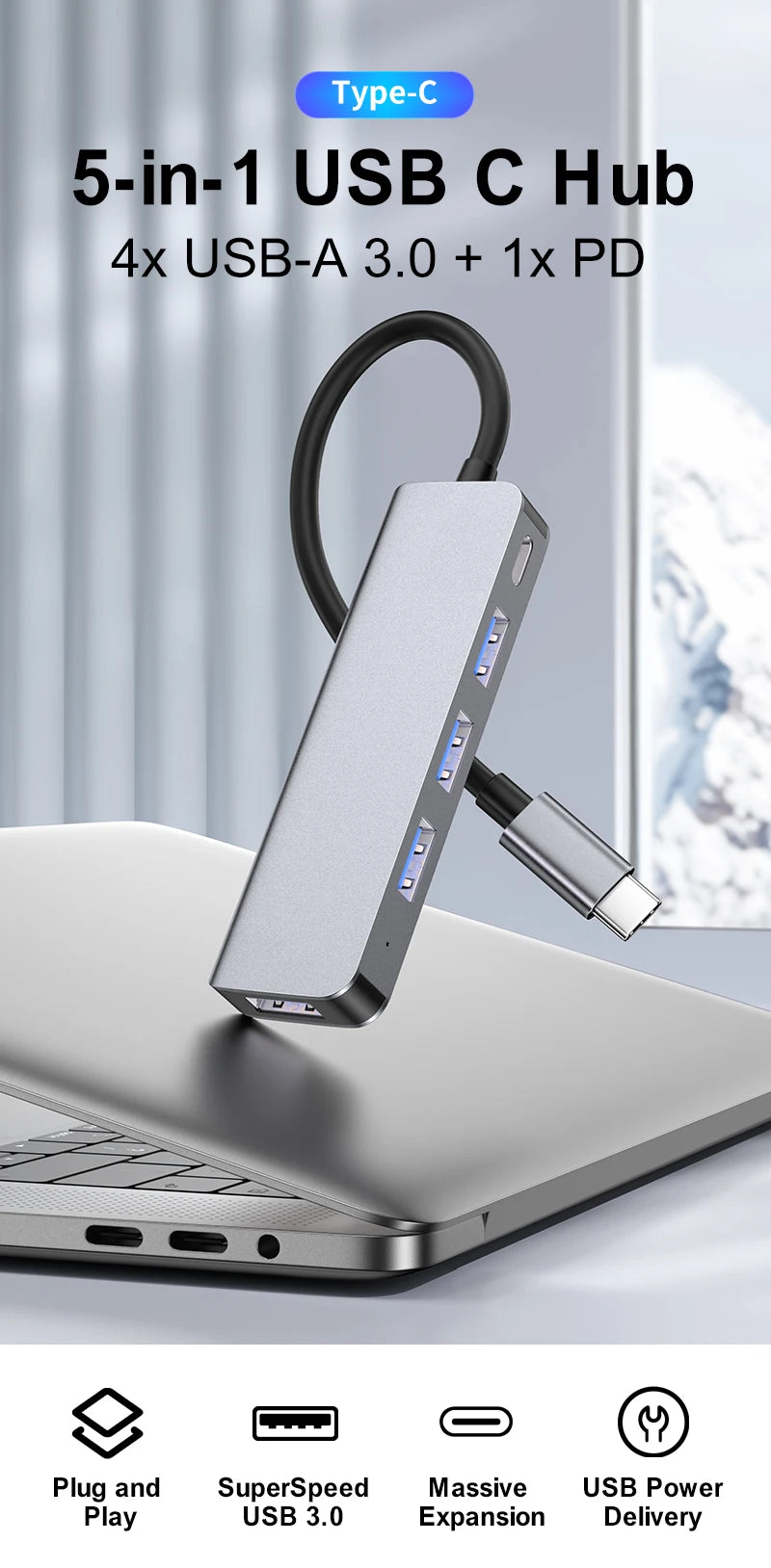 USB-C hub supporting up to 100W Power Delivery pass-through charging