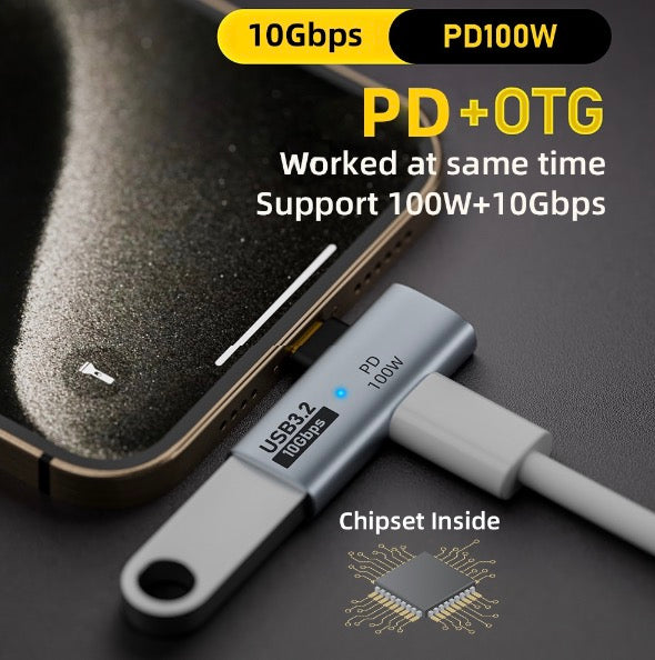 USB-C PD and OTG adapter promotional image highlighting 100W charging and 10Gbps data transfer speeds