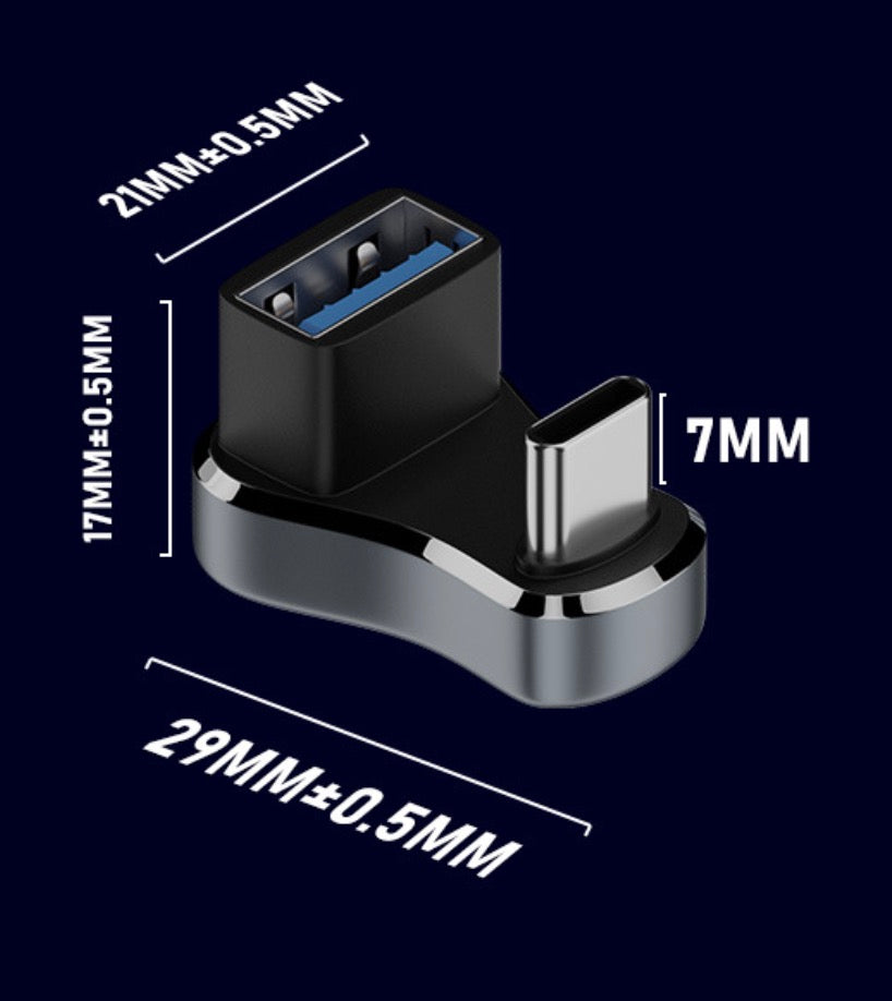 Reverse U shape USB-C OTG adapter displaying 11mm connector spacing specification