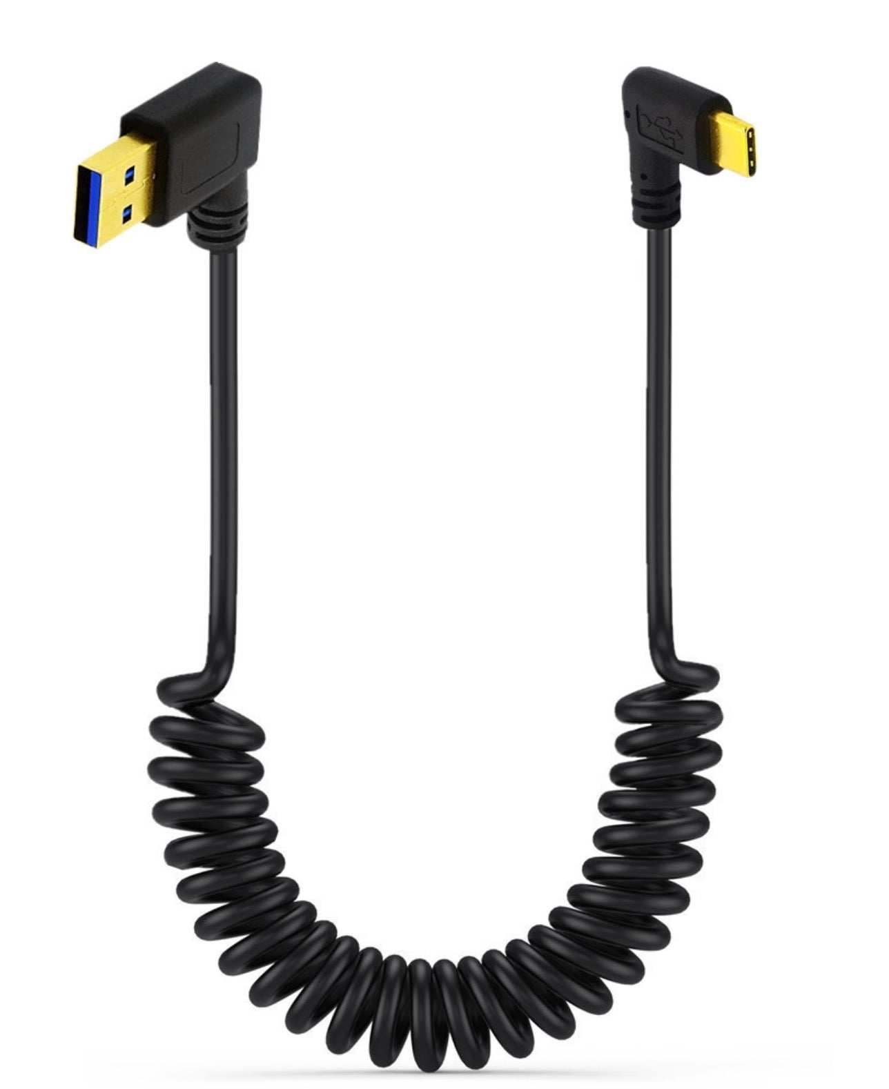 USB C right angle connector and USB 3.0 connector on coiled cable
