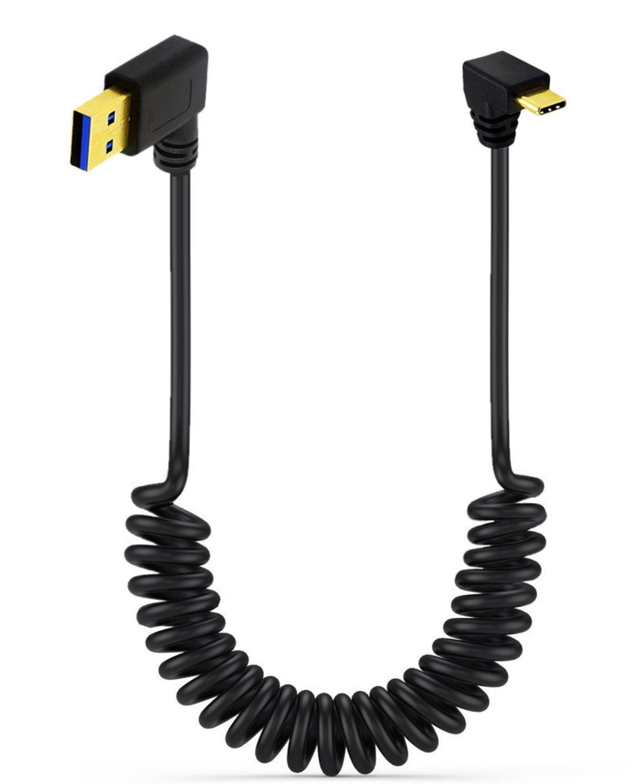 USB C right angle connector and USB 3.0 connector on coiled cable