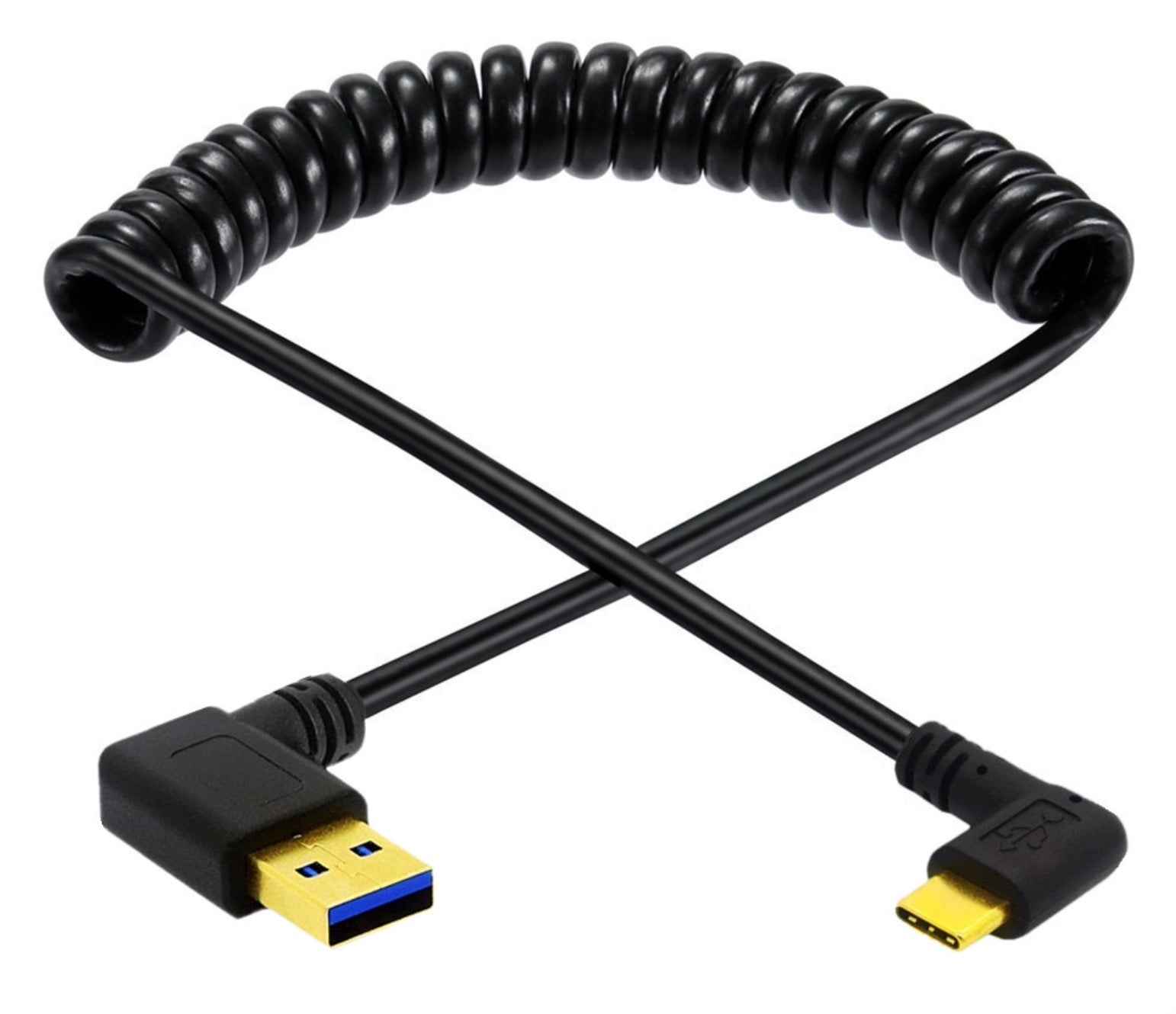 USB C to USB 3.0 coiled cable shown extended for flexible device connectivity
