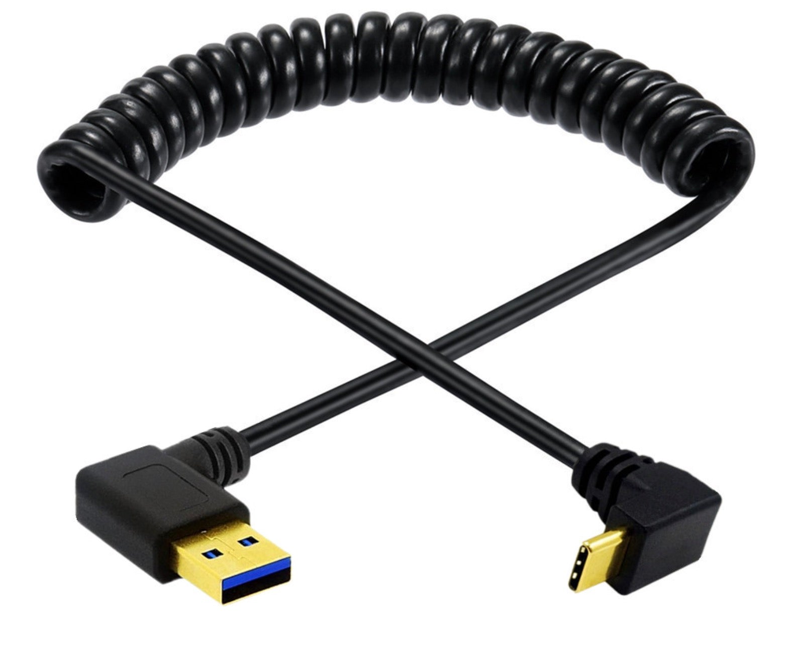 USB C to USB 3.0 coiled cable shown extended for flexible device connectivity
