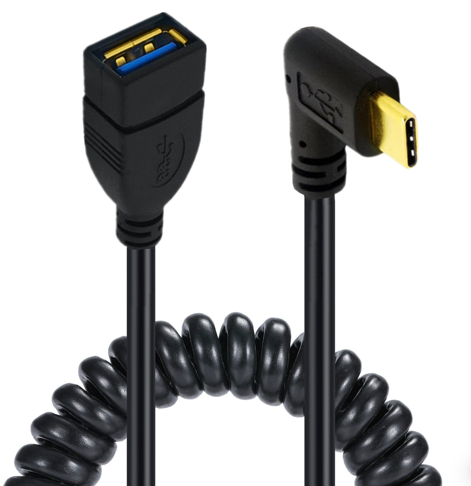 USB C right angle OTG cable showing coiled cable design and USB 3.0 female connector