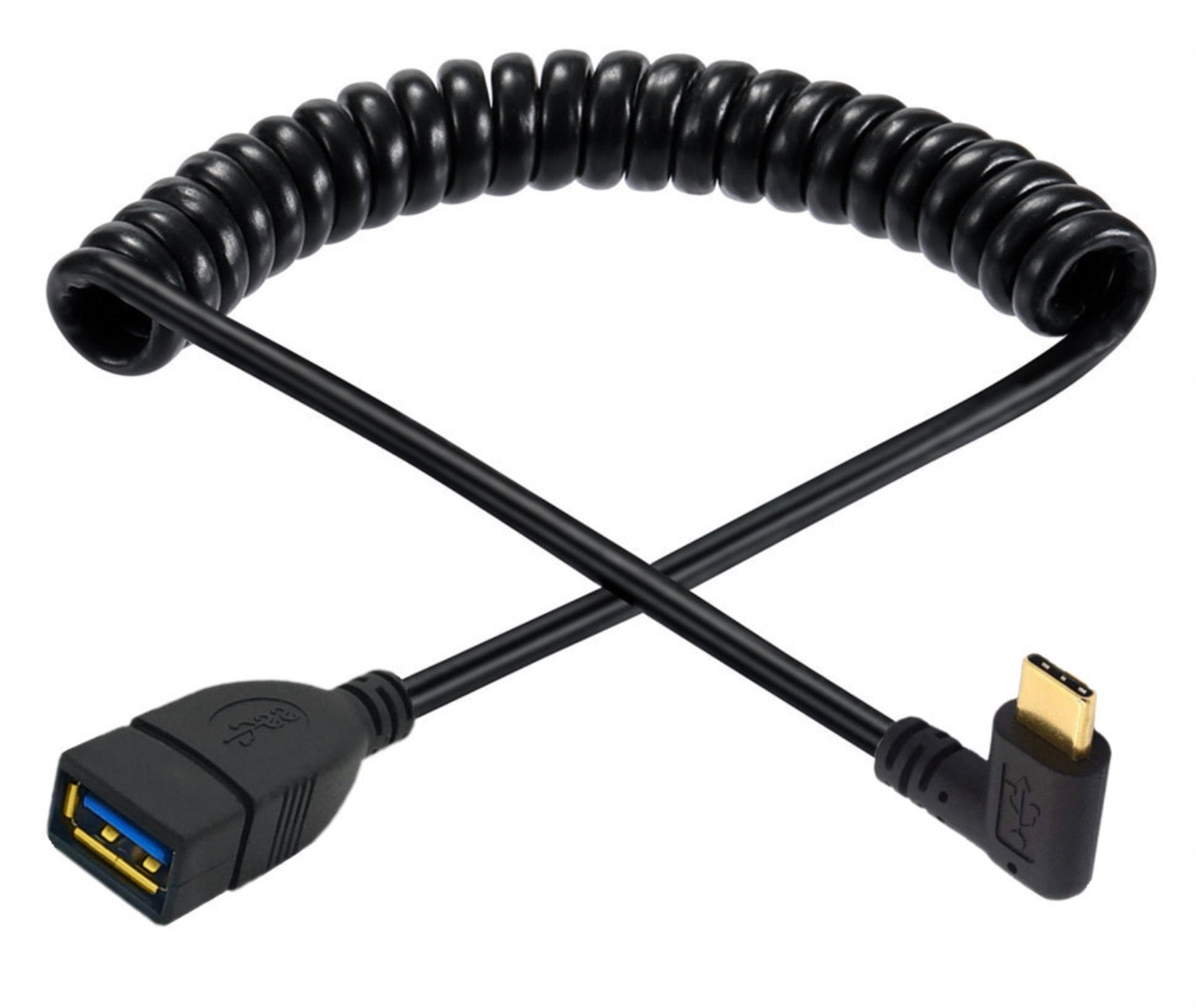 USB C right angle to USB 3.0 OTG coiled cable extended for increased reach and flexibility