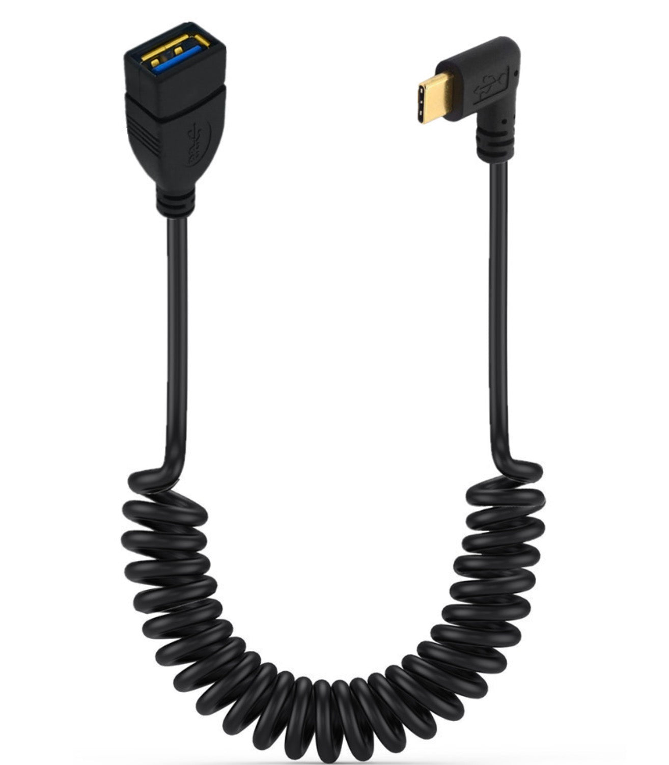 USB C right angle male to USB 3.0 female OTG coiled cable for peripherals and accessories