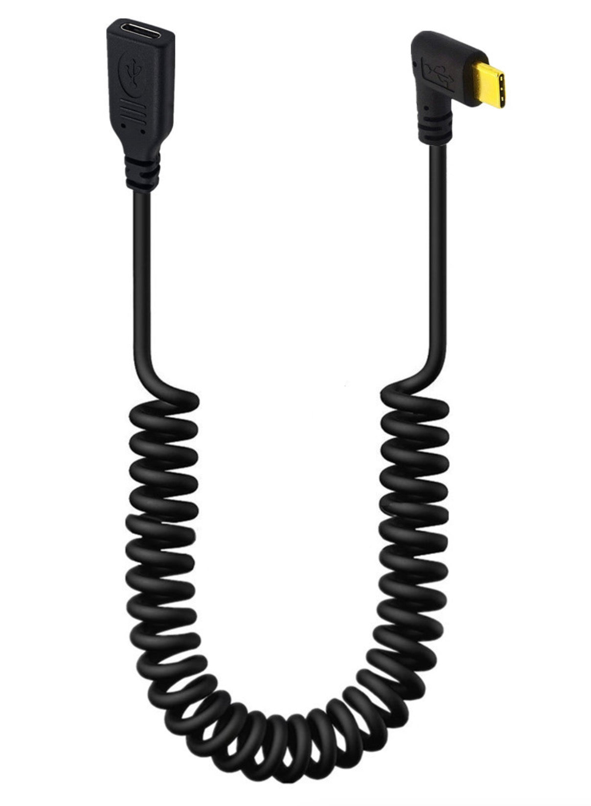 USB C right left angle coiled extension cable shown extended for flexible connectivity