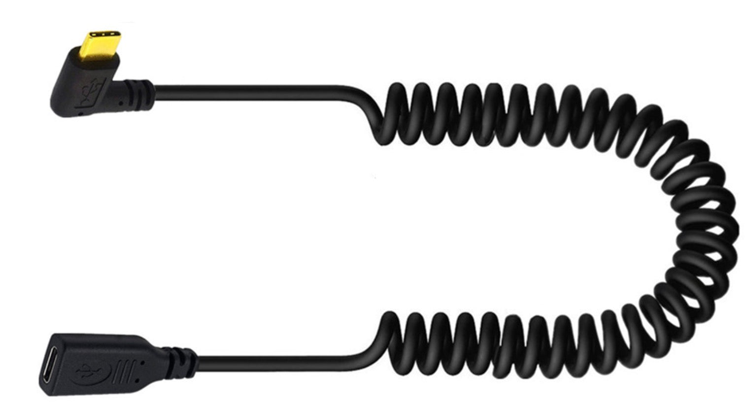 Side profile view of USB C coiled extension cable with angled USB C connector