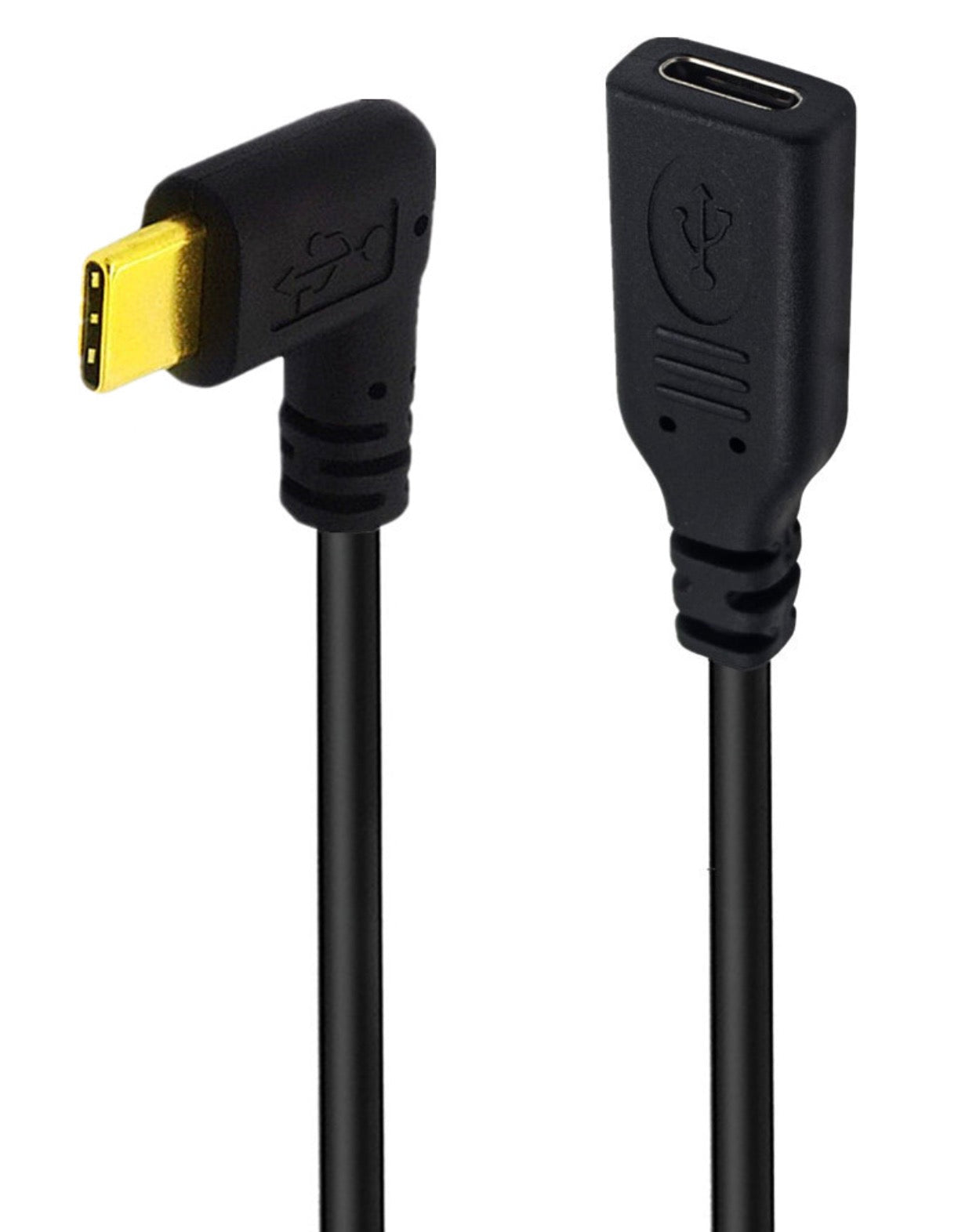 USB C female and angled USB C male connectors on coiled extension cable