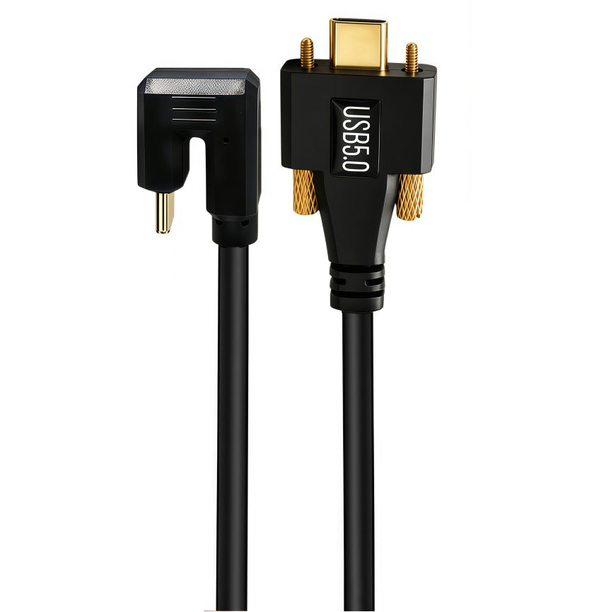 USB-C male to male cable with straight locking connector and U-shaped right-angle connector