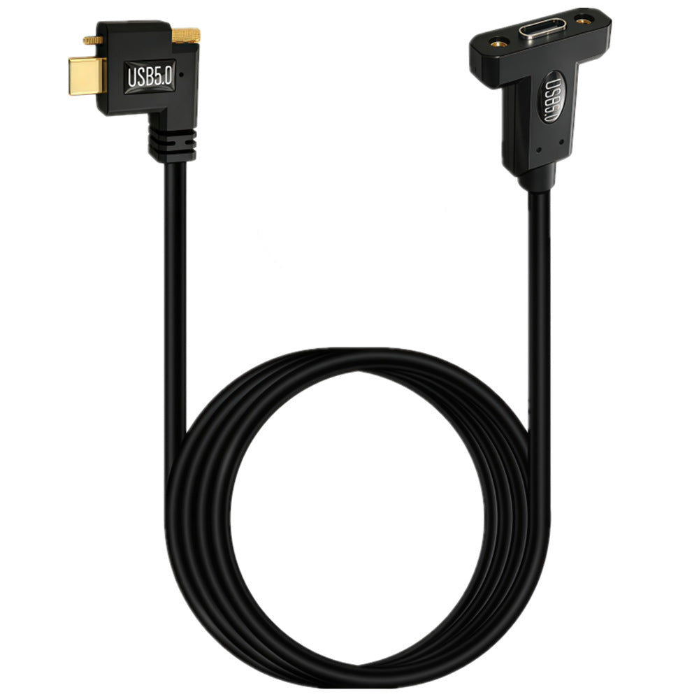 USB-C T-flange female panel mount cable with side-angle locking male connector