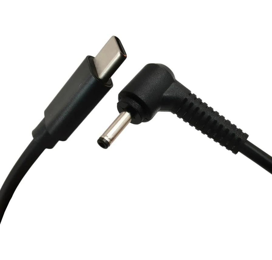 USB C and angled 3.5mm x 1.35mm DC connector ends of power cable