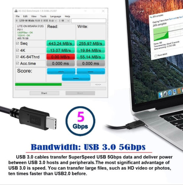 Laptop with USB 3.0 cable and benchmarking software displaying bandwidth speeds.