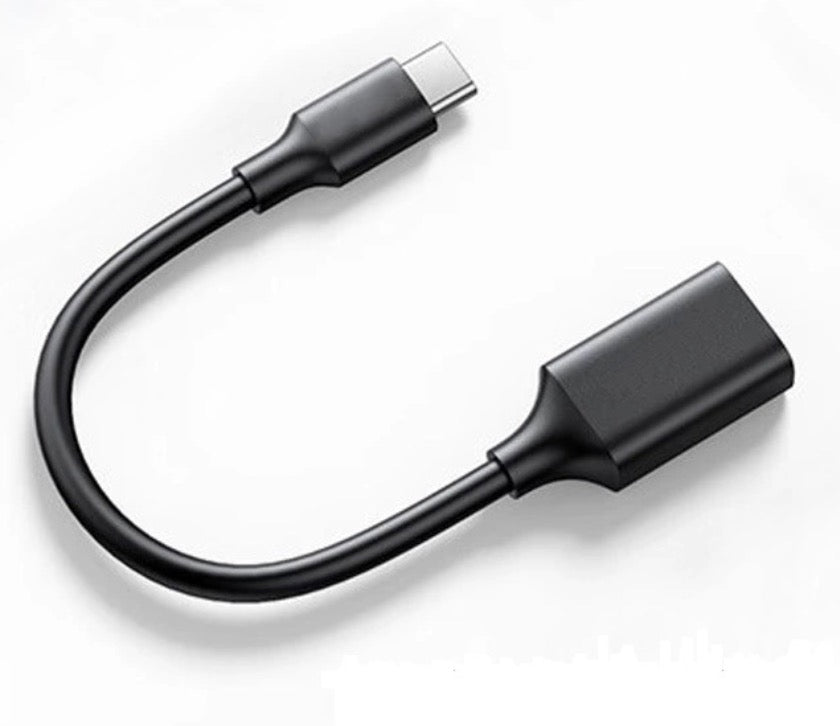 USB-C to USB 3.0 female OTG adapter showing curved cable and durable connector construction