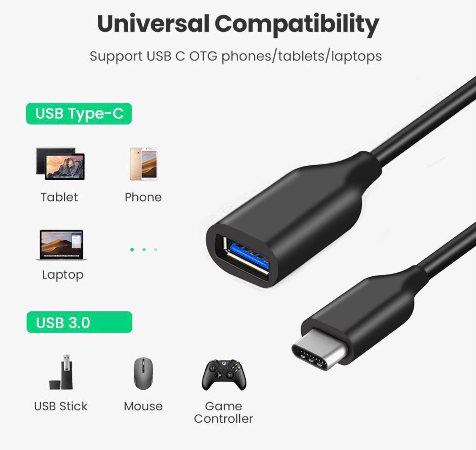 USB-C male to USB 3.0 Type-A female OTG extension cable used for connecting flash drives keyboards mice and USB accessories to USB-C devices