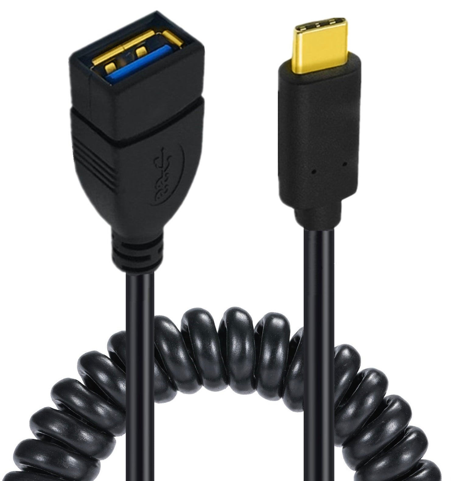 USB C male to USB 3.0 female OTG cable showing coiled cable design and connectors
