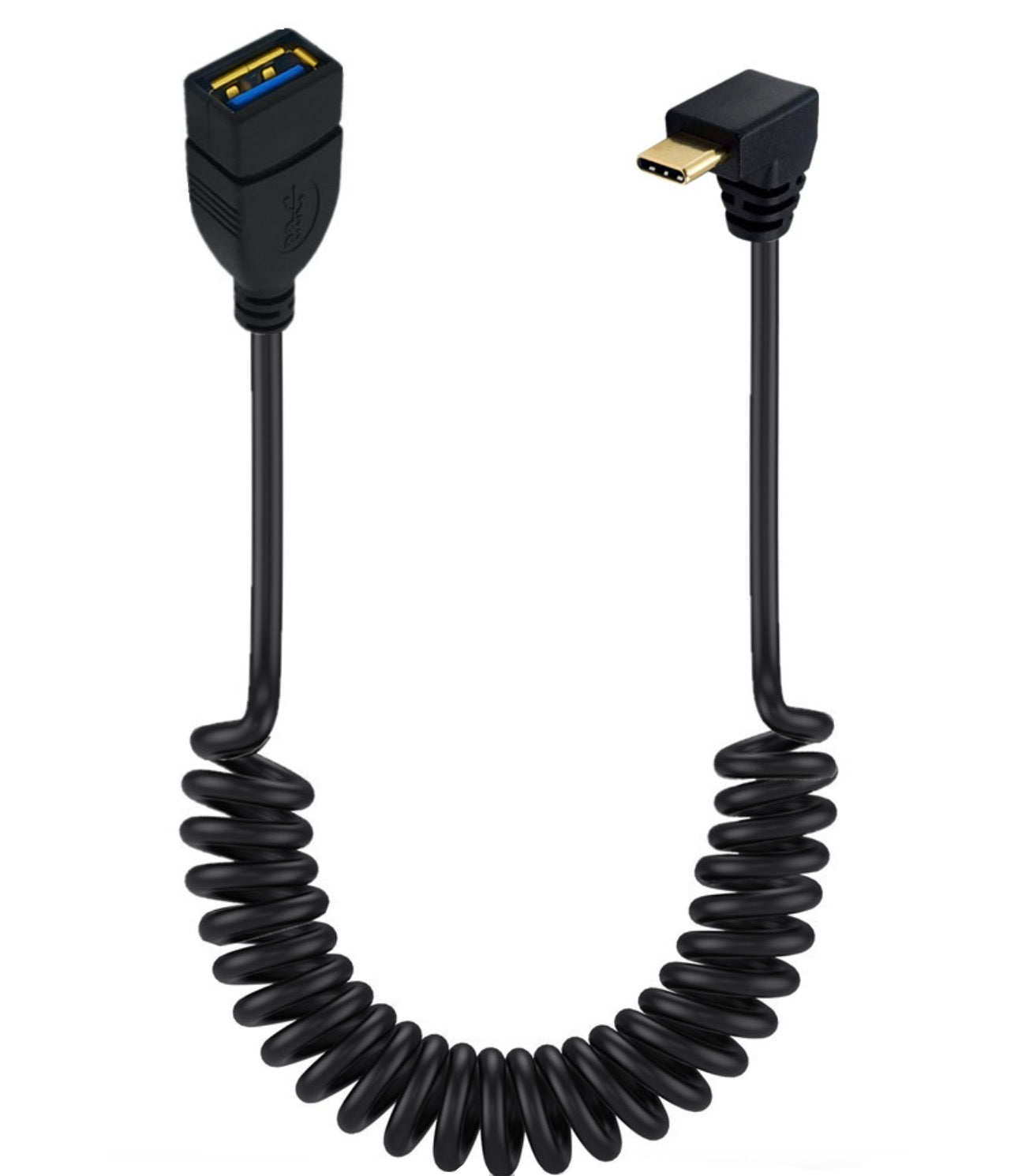 USB C to USB A 3.0 OTG coiled cable with angled connector