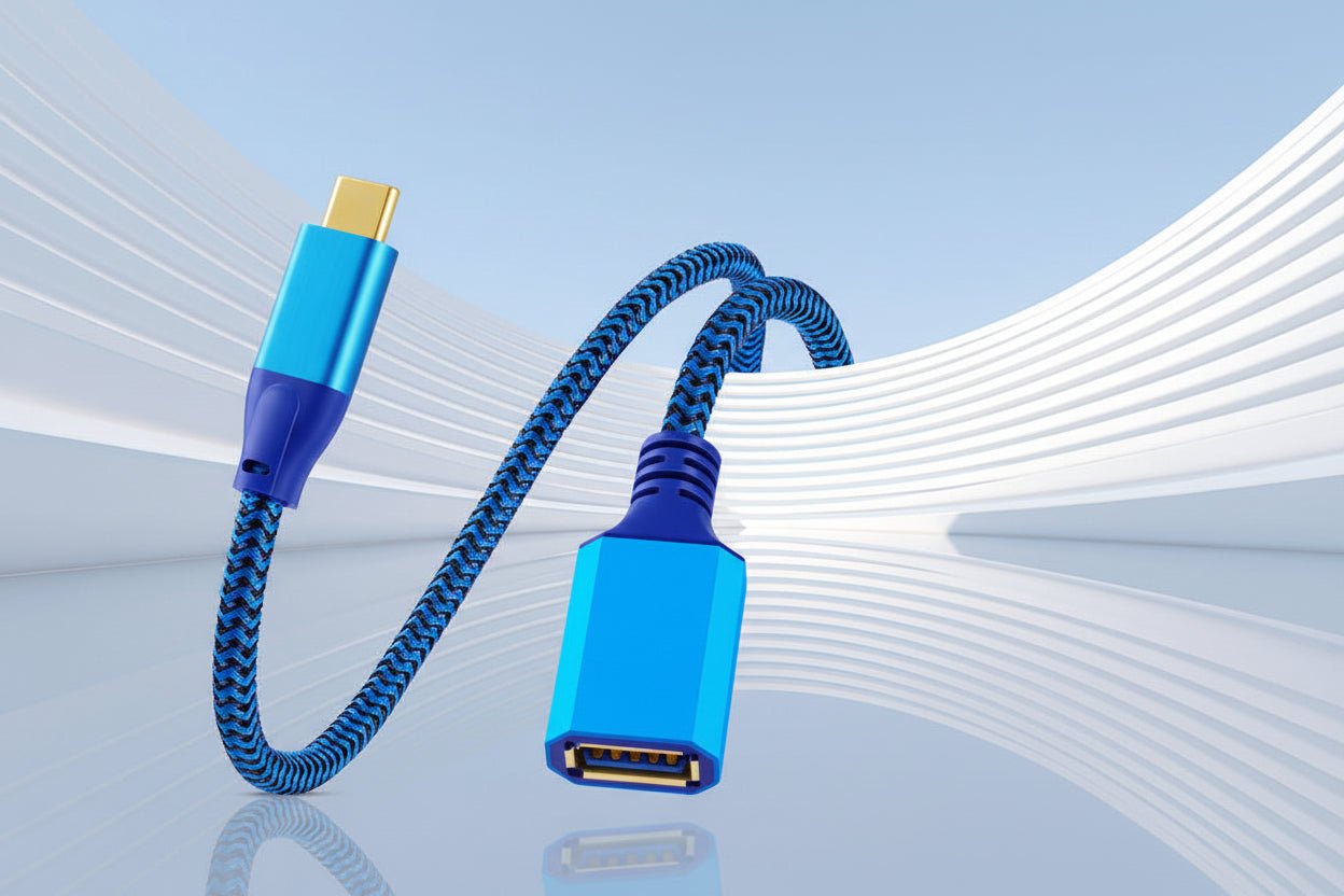 Blue braided cable with connectors on a light blue background